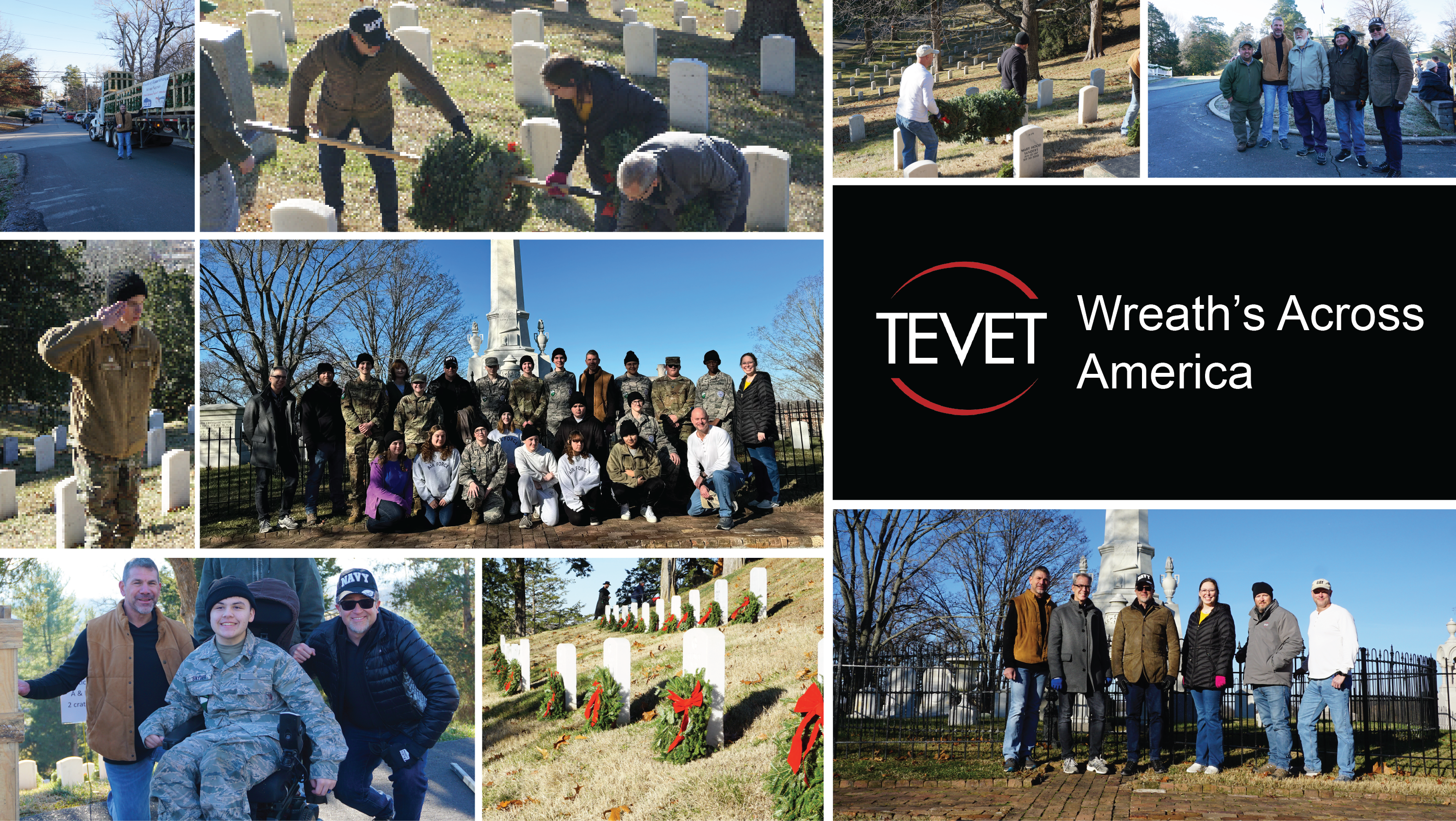 TEVET employees placing wreaths on the graves of fallen soldiers at a local veterans' cemetery. This annual tradition unites volunteers nationwide in honoring the service of our veterans by adorning their resting places with wreaths as a heartfelt tribute.
